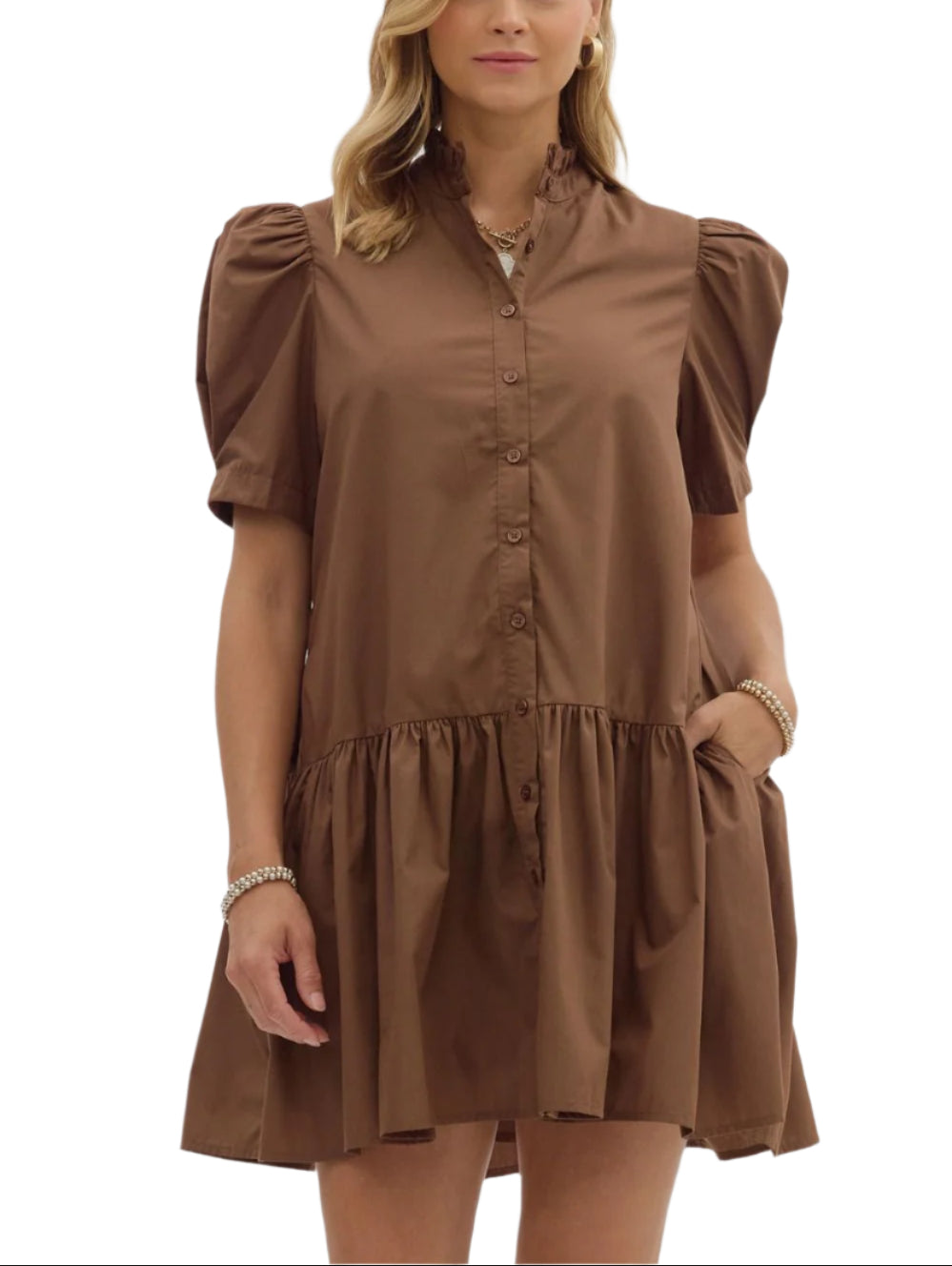 Solid pleated shoulder puff sleeve ruffle hem mini dress. Ruffle band collar button closure at front. Side pockets. Lined. Woven. Non-sheer. Lightweight.