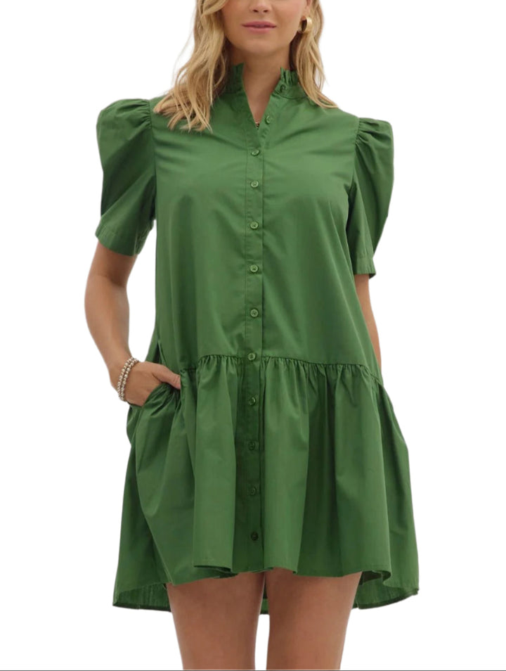 Solid pleated shoulder puff sleeve ruffle hem mini dress. Ruffle band collar button closure at front. Side pockets. Lined. Woven. Non-sheer. Lightweight.