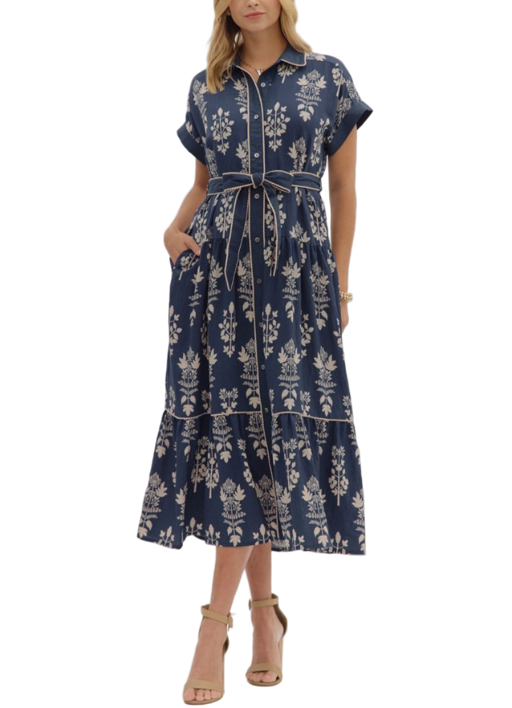 Botanical pattern faux roll-up sleeve band midi dress featuring striped accent piping trim inset. Collar button closure at front with removable belt. Side pockets. Lined. Woven. Non-sheer. Lightweight.
