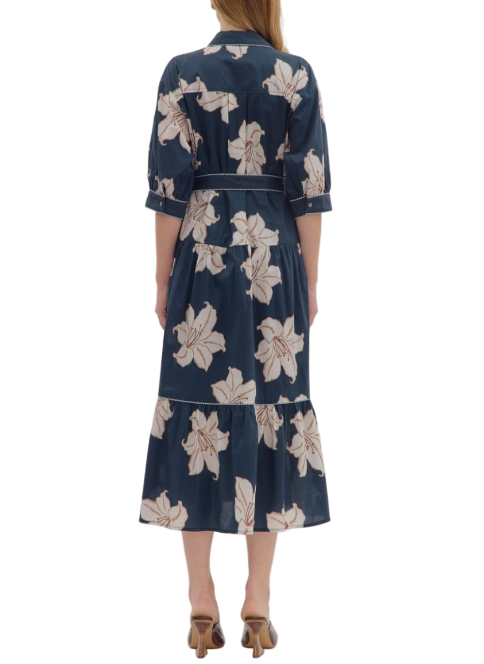 Floral print 3/4 sleeve midi dress featuring button closure at front and detachable waist tie belt. Side pockets. Lined. Woven. Non-sheer. Lightweight.
