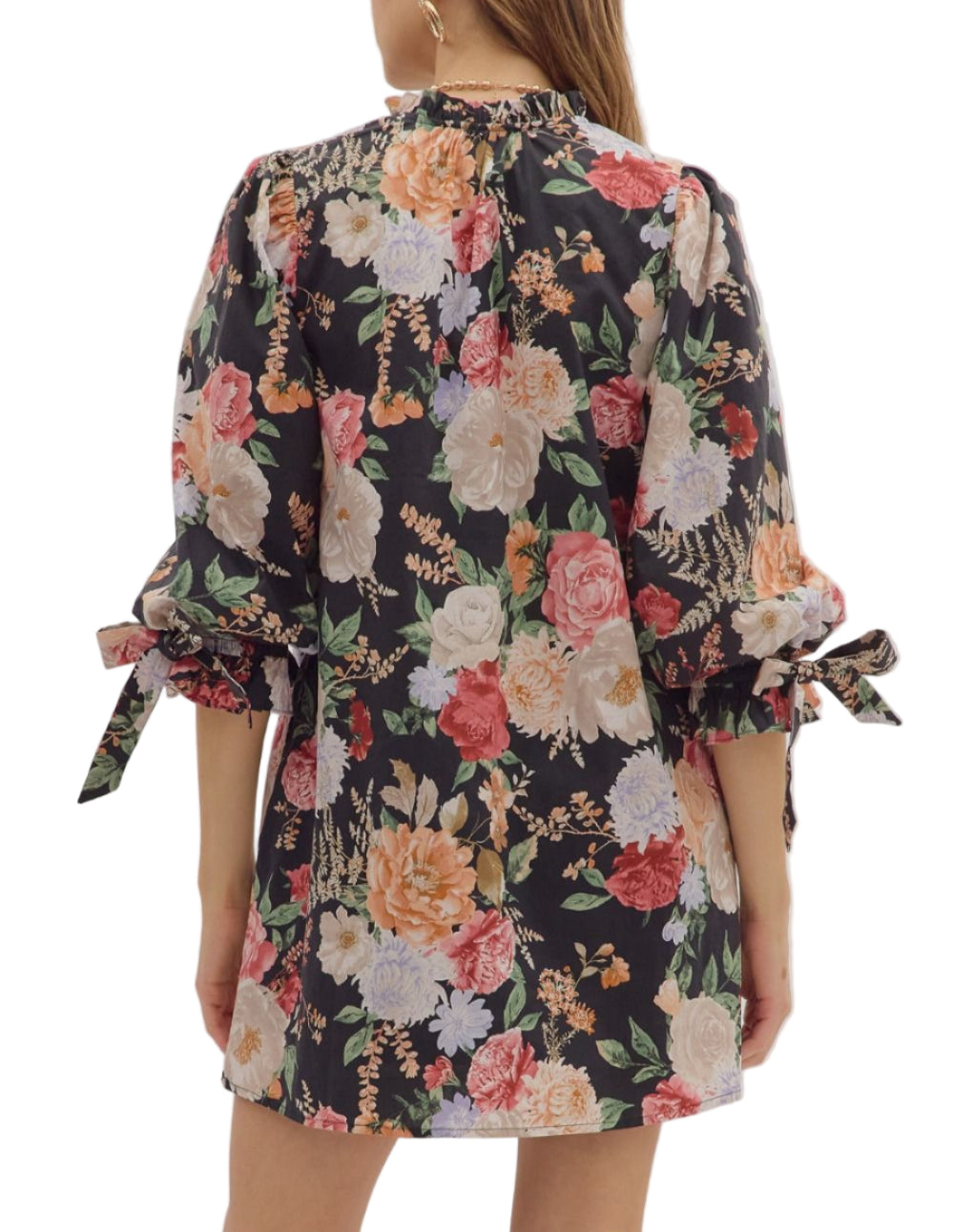Floral print ¾ bubble sleeve mini dress featuring fixed bow accent ruffle V-neck. Pockets at sides. Lined. Woven. Non-sheer. Lightweight.
