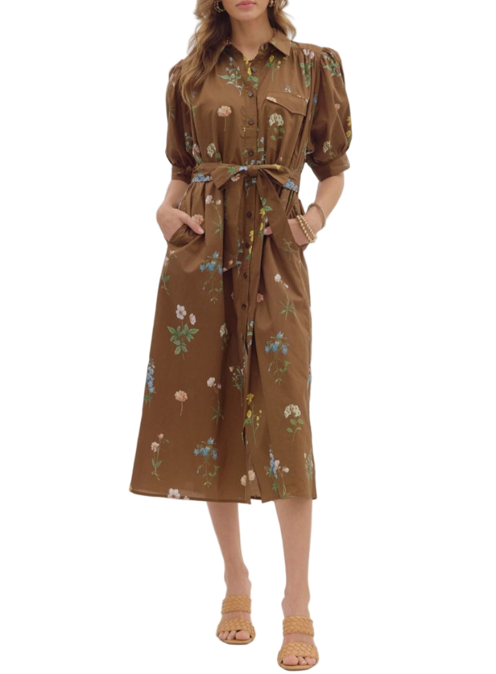 Floral print cuff band ¾ puff sleeve collar button closure midi shirt dress. Removable self belt. Single shirt flap pocket and side pockets. Lined. Woven. Non-sheer. Lightweight.
