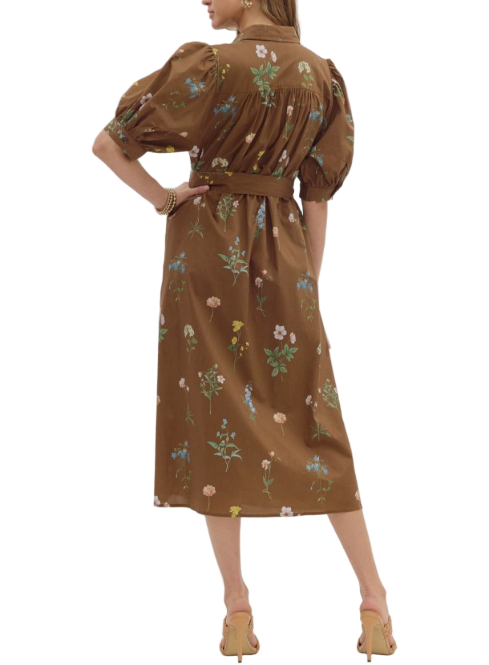 Floral print cuff band ¾ puff sleeve collar button closure midi shirt dress. Removable self belt. Single shirt flap pocket and side pockets. Lined. Woven. Non-sheer. Lightweight.
