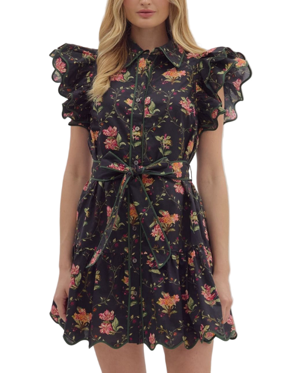 Floral print tiered flutter sleeve mini dress featuring tiered skirt, shirt collar, and self-tie belt at waist. Scallop contour contrast piped detailing along collar, placket, sleeve edges, belt, and hem. Side pockets. Button-front closure. Lined. Woven. Non-sheer. Lightweight.
