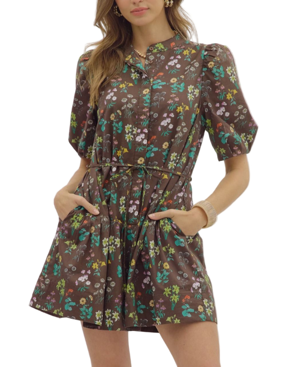 Floral print short bubble sleeve collar band hidden button front placket closure mini dress. Removable slim self belt. Lined. Woven. Non-sheer. Lightweight.
