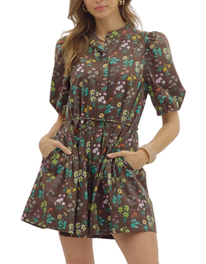 Floral print short bubble sleeve collar band hidden button front placket closure mini dress. Removable slim self belt. Lined. Woven. Non-sheer. Lightweight.
