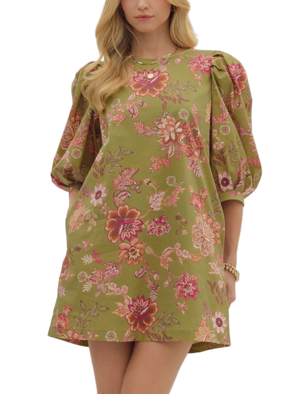 Floral print elbow puff sleeve mini dress featuring round neckline. Button closure at back. Lined. Woven. Non-sheer. Medium weight.

