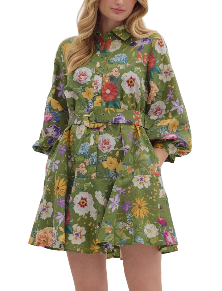 Floral print ¾ sleeve mini shirt dress featuring removable waist belt and button closure at front. Lined. Woven. Non-sheer. Lightweight.
