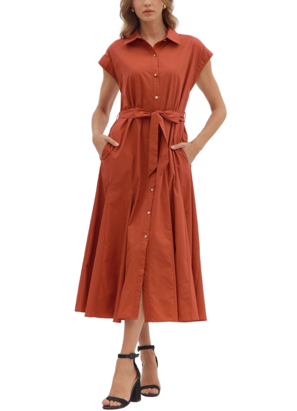 Solid cap sleeve collared midi dress featuring button closure at front and self-tie sash at waist. Side pockets. Lined. Woven. Non-sheer. Lightweight.
