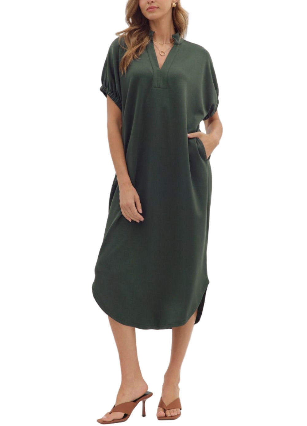 Solid short sleeve midi dress featuring band collar V-neck and elasticated sleeve openings. Side pockets. Unlined. Knit. Non-sheer. Lightweight.
