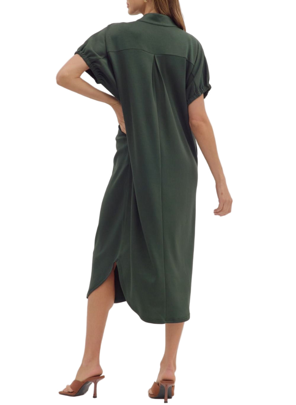 Solid short sleeve midi dress featuring band collar V-neck and elasticated sleeve openings. Side pockets. Unlined. Knit. Non-sheer. Lightweight.
