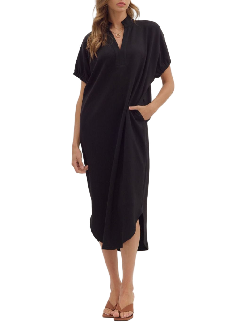Solid short sleeve midi dress featuring band collar V-neck and elasticated sleeve openings. Side pockets. Unlined. Knit. Non-sheer. Lightweight.
