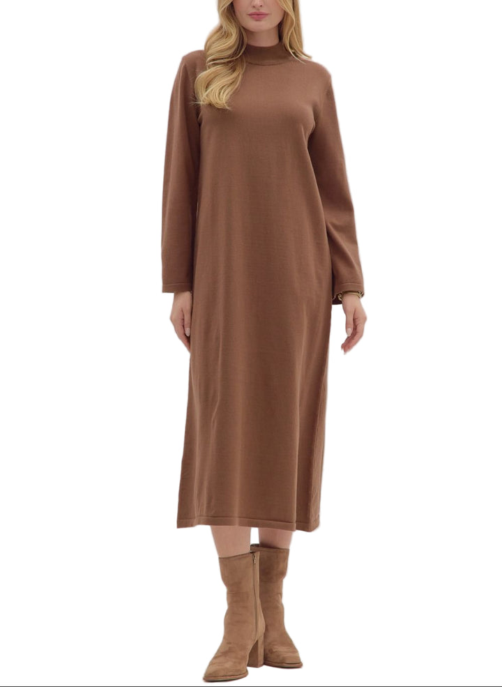 Solid mock neck long sleeve midi dress. Unlined. Knit. Non-sheer. Medium weight.