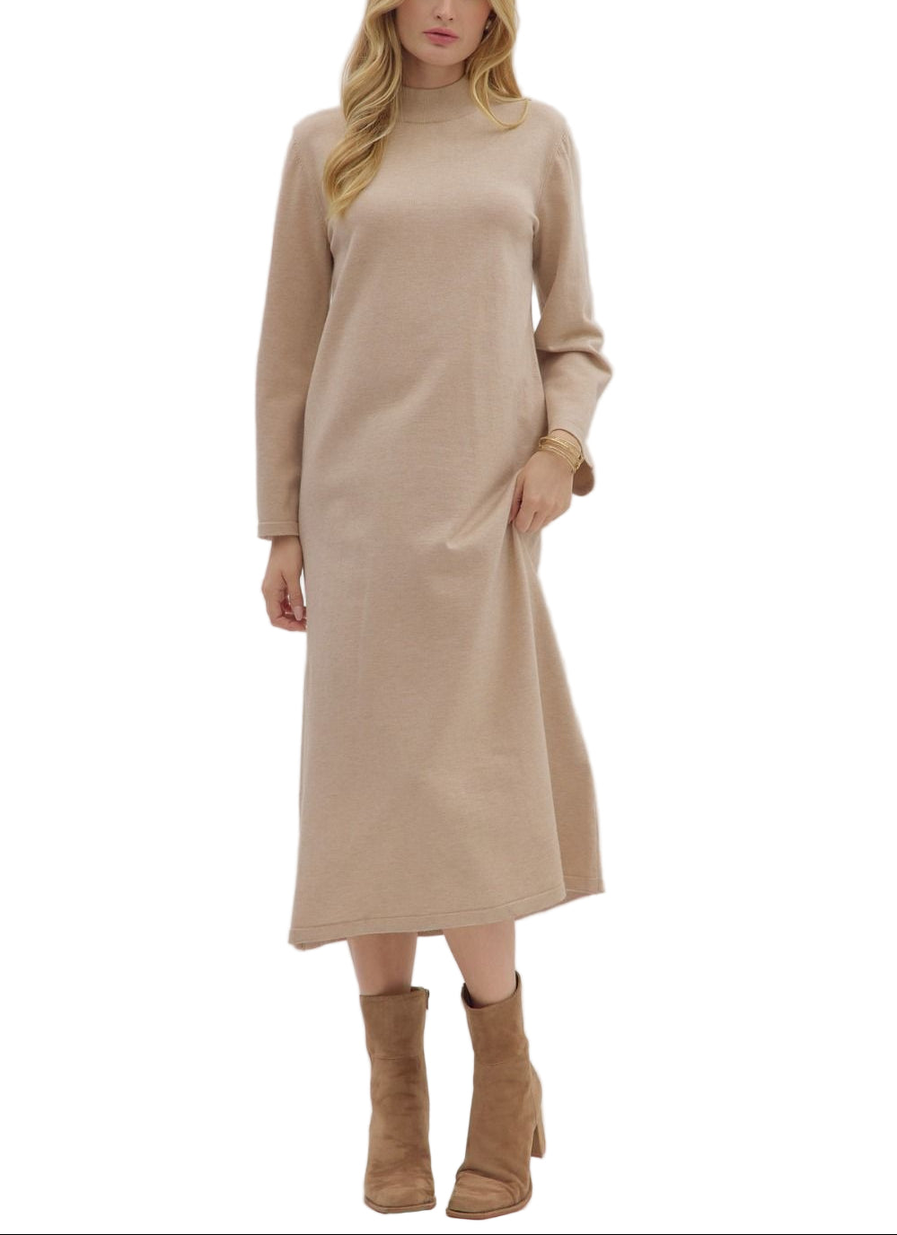 Solid mock neck long sleeve midi dress. Unlined. Knit. Non-sheer. Medium weight.