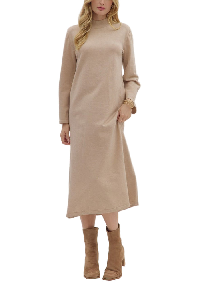 Solid mock neck long sleeve midi dress. Unlined. Knit. Non-sheer. Medium weight.