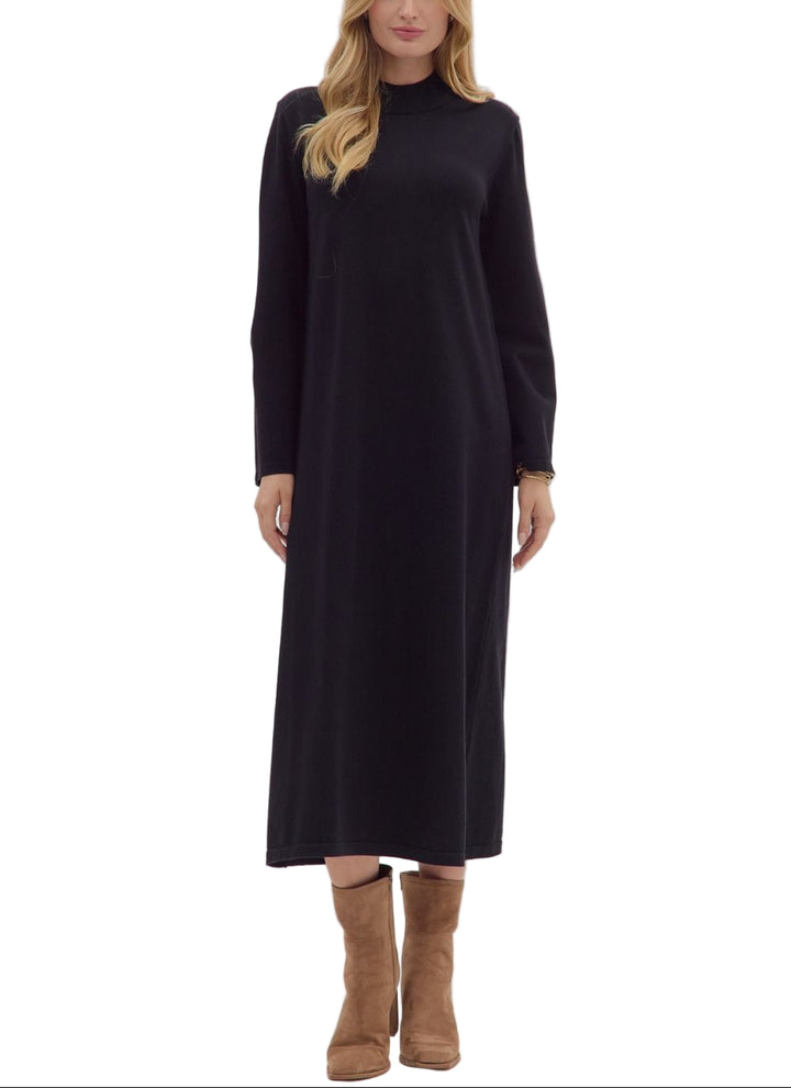 Solid mock neck long sleeve midi dress. Unlined. Knit. Non-sheer. Medium weight.