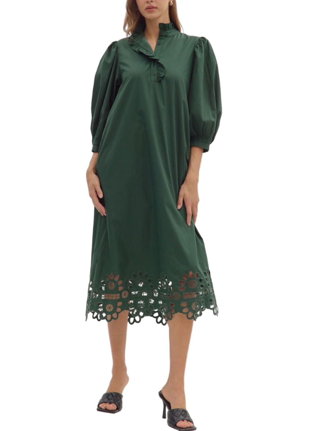 Solid 3/4 puff sleeve midi dress featuring ruffled accent band collar with partial button closure at front. Side pockets. Scallop cutout hem. Lined. Woven. Non-sheer. Lightweight.
