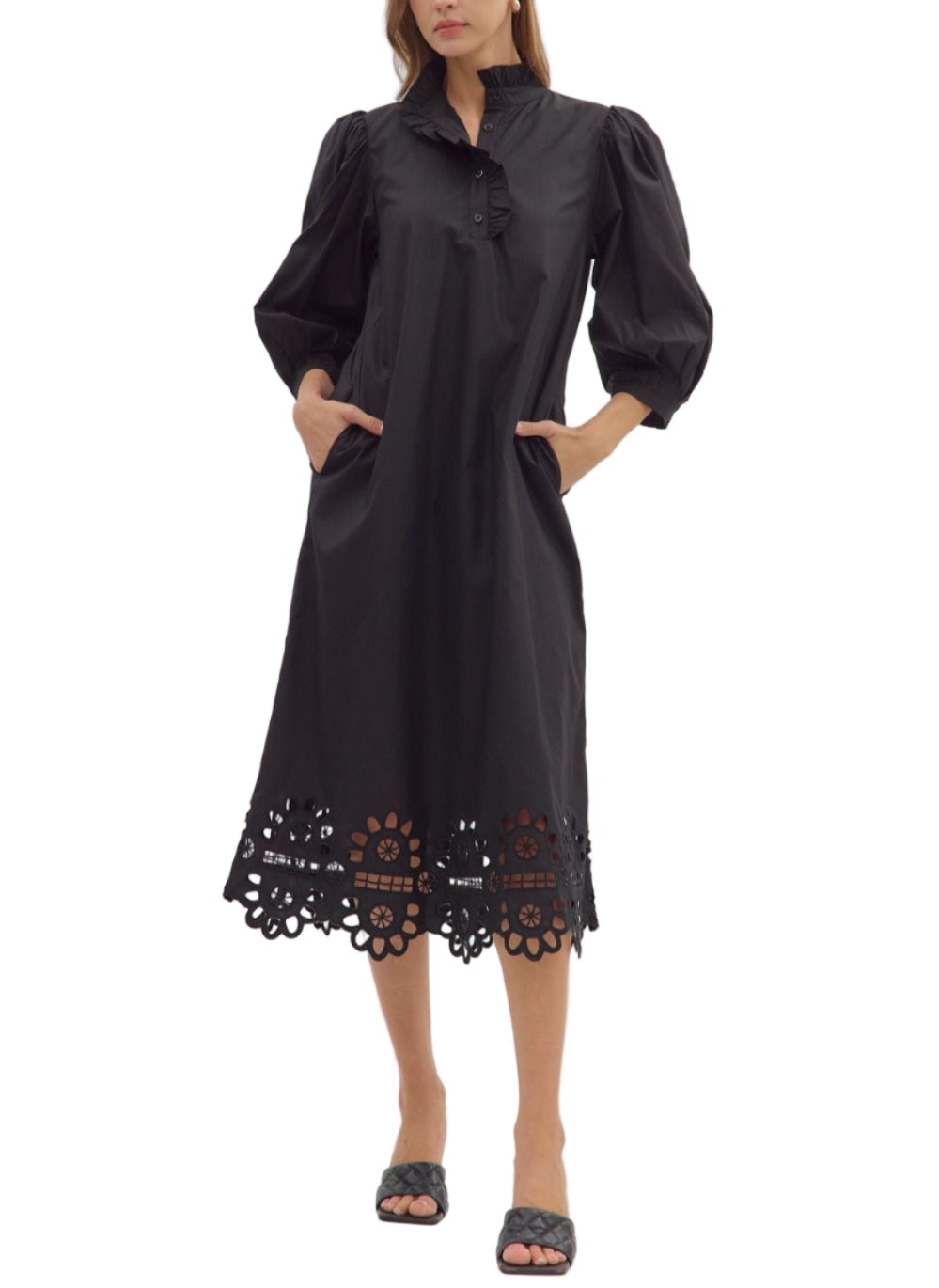 Solid 3/4 puff sleeve midi dress featuring ruffled accent band collar with partial button closure at front. Side pockets. Scallop cutout hem. Lined. Woven. Non-sheer. Lightweight.
