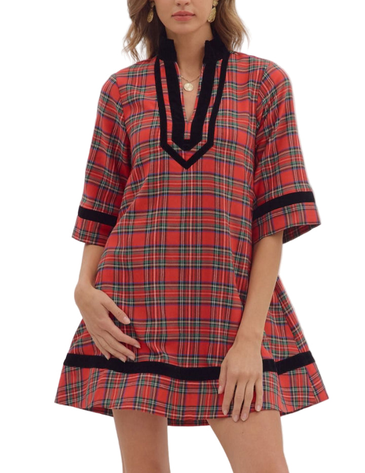 Plaid 3/4 sleeve mini dress featuring contrast velvet trim split neckline. Side pockets. Lined. Woven. Non-sheer. Lightweight.
