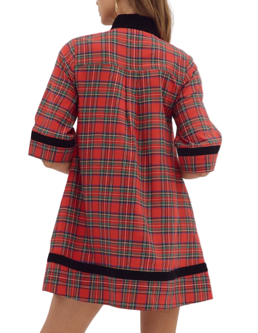 Plaid 3/4 sleeve mini dress featuring contrast velvet trim split neckline. Side pockets. Lined. Woven. Non-sheer. Lightweight.
