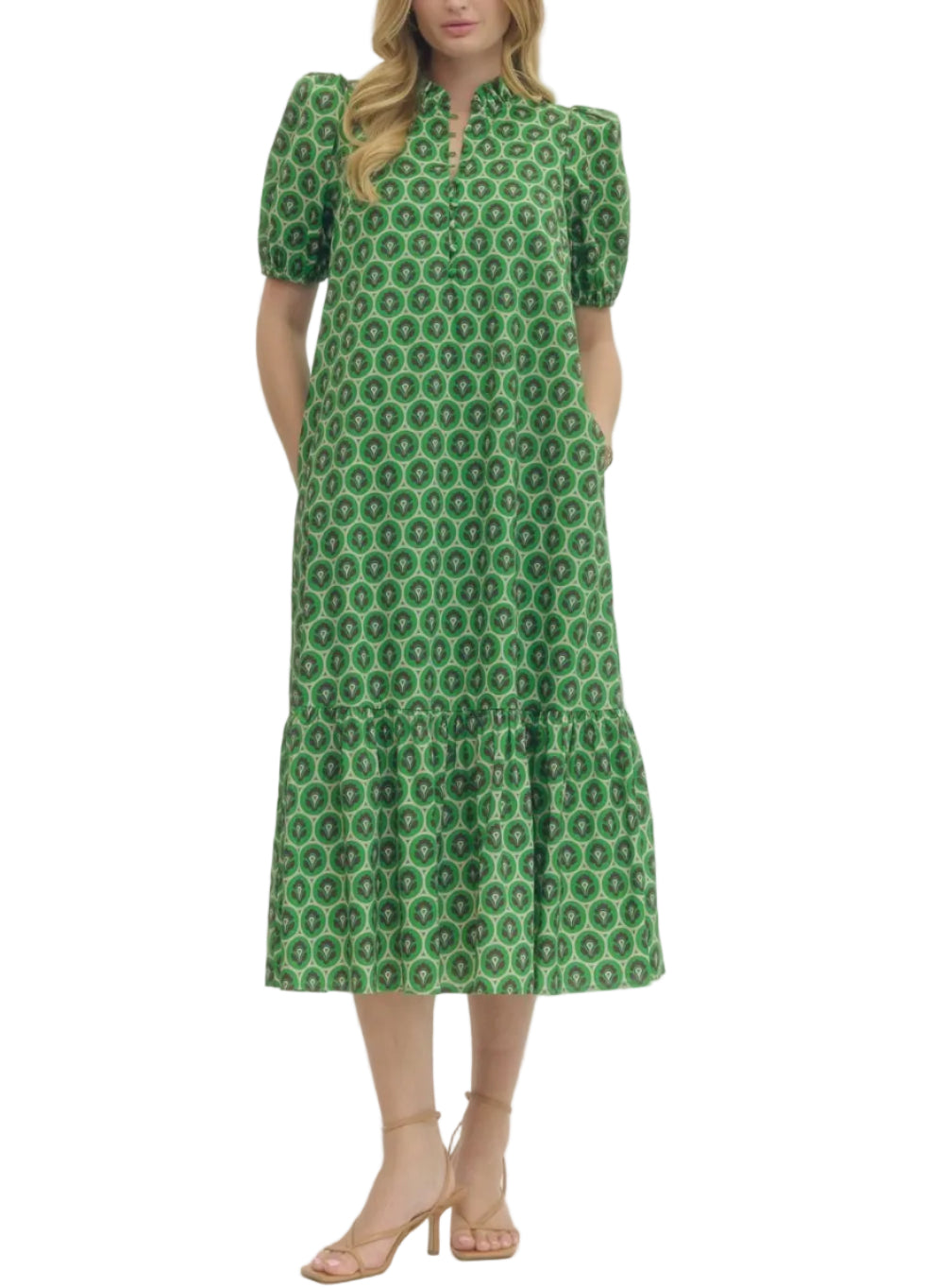 Printed short puff sleeve midi dress featuring ruffled mock neck and ruffle hem. Button closure at front. Side pockets. Lined. Woven. Non-sheer. Lightweight.
