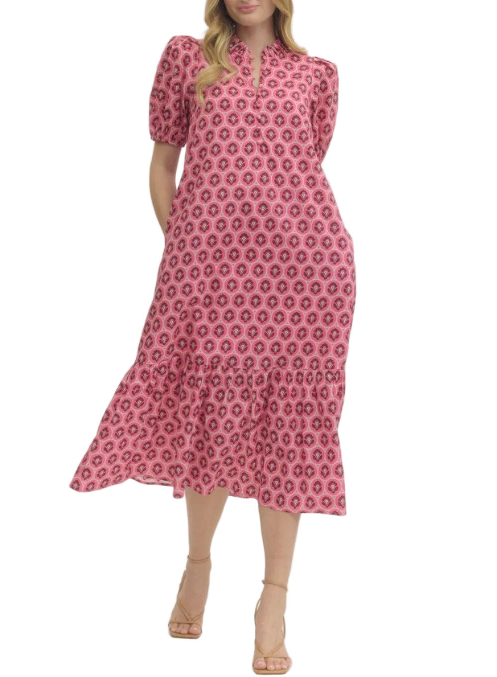 Printed short puff sleeve midi dress featuring ruffled mock neck and ruffle hem. Button closure at front. Side pockets. Lined. Woven. Non-sheer. Lightweight.
