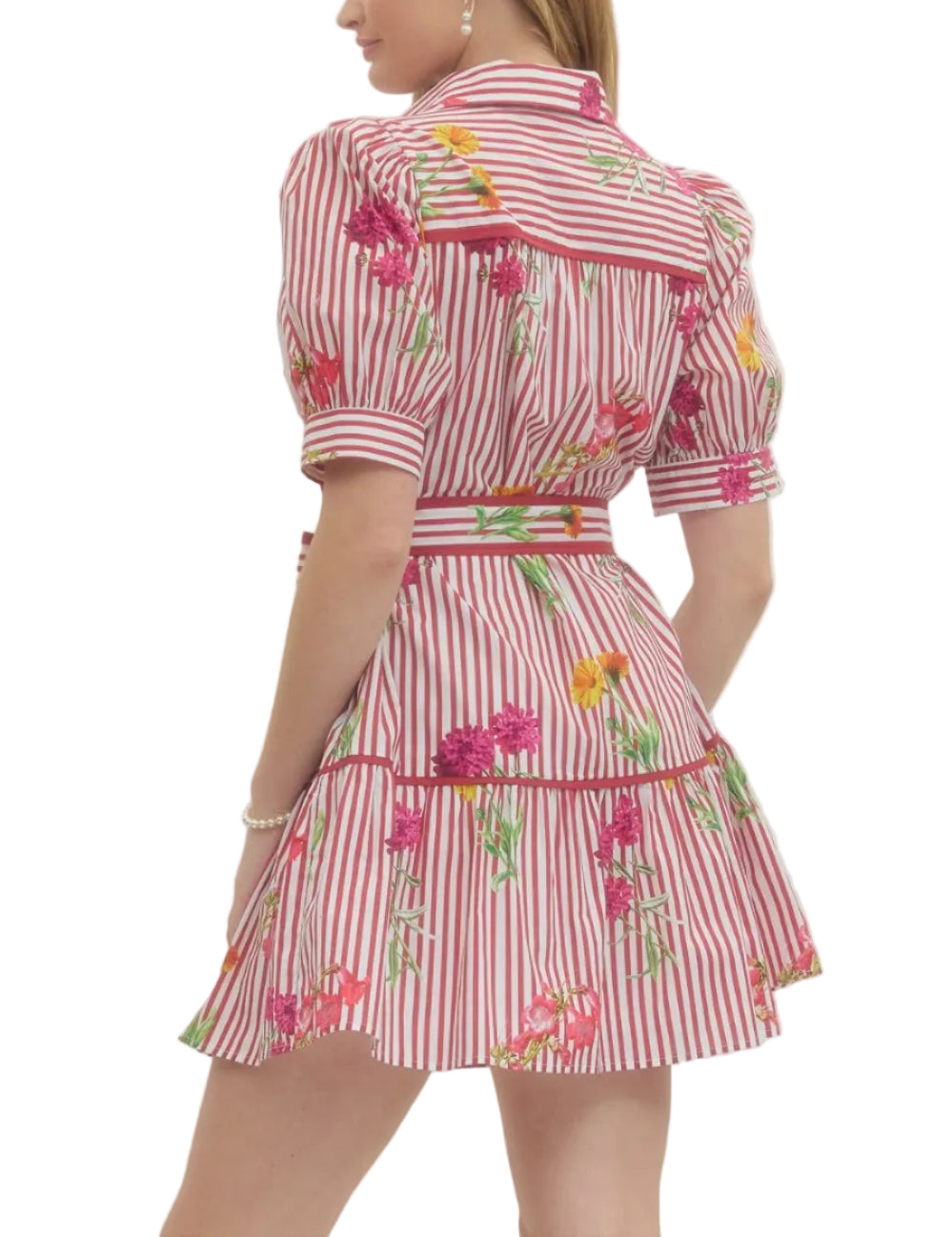 Floral stripe print short puff sleeve mini dress featuring button closure at front and self-tie belt at waist. Contrast trim detail. Side pockets. Lined. Woven. Non-sheer. Lightweight.