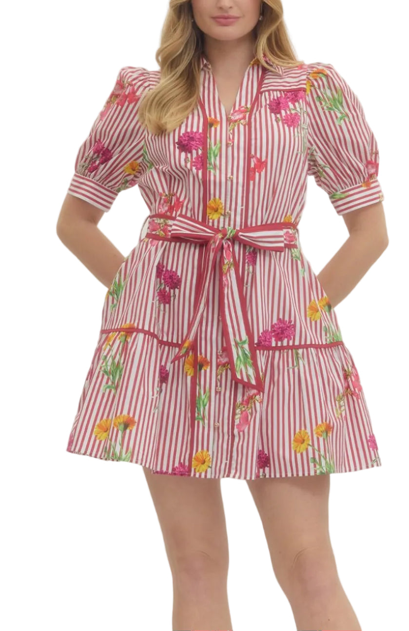 Floral stripe print short puff sleeve mini dress featuring button closure at front and self-tie belt at waist. Contrast trim detail. Side pockets. Lined. Woven. Non-sheer. Lightweight.