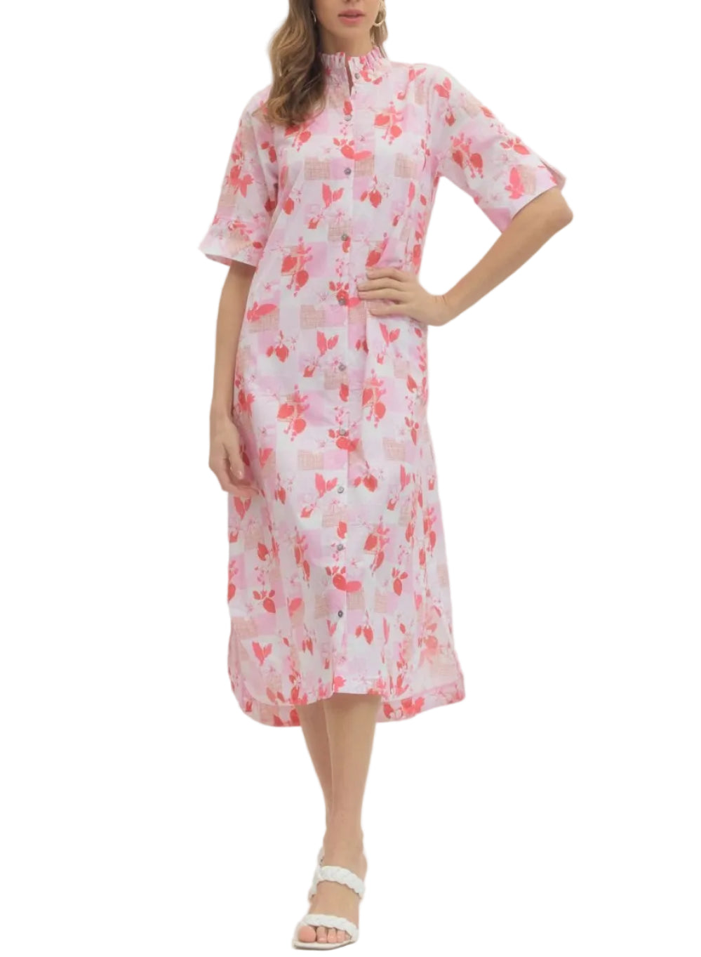 Print short sleeve with slit opening midi dress featuring ruffled neck detail and button closure at front. Side pockets. Lined. Woven. Non-sheer. Lightweight.
