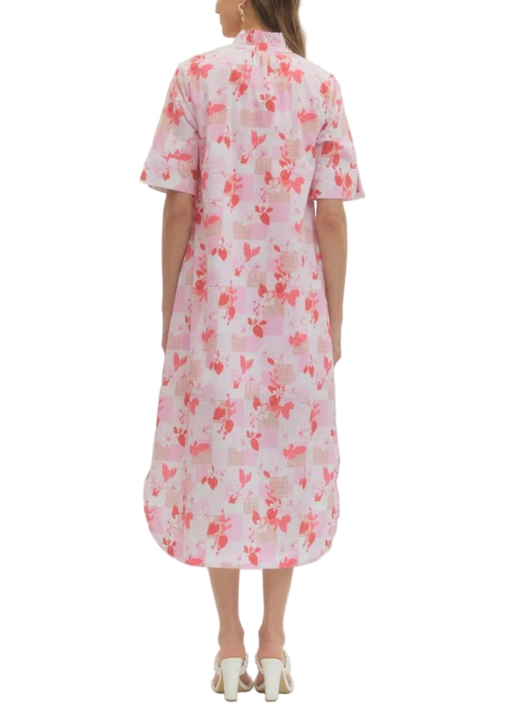 Print short sleeve with slit opening midi dress featuring ruffled neck detail and button closure at front. Side pockets. Lined. Woven. Non-sheer. Lightweight.
