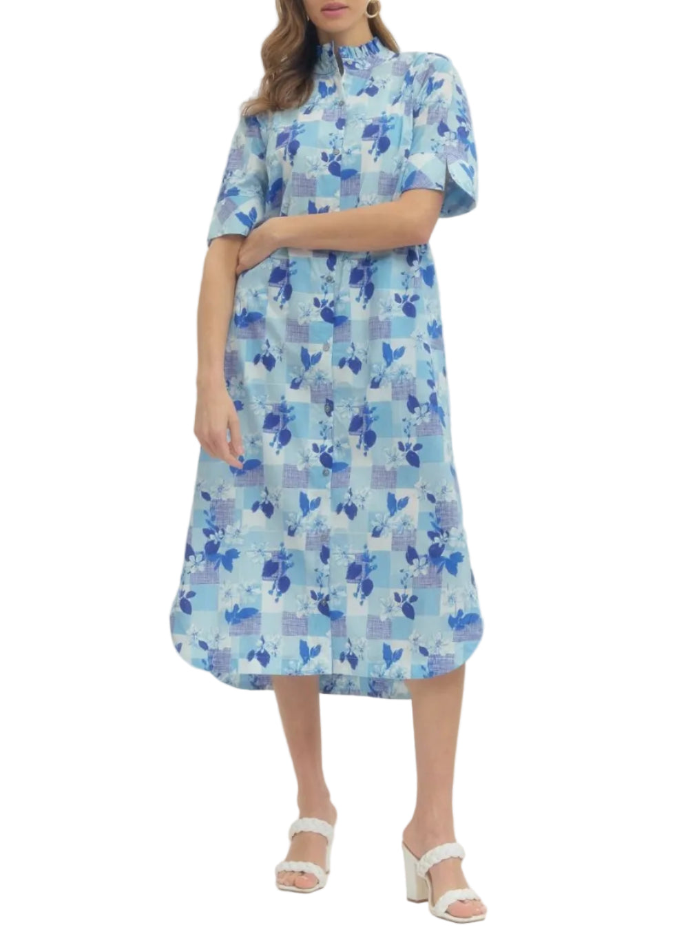 Print short sleeve with slit opening midi dress featuring ruffled neck detail and button closure at front. Side pockets. Lined. Woven. Non-sheer. Lightweight.

