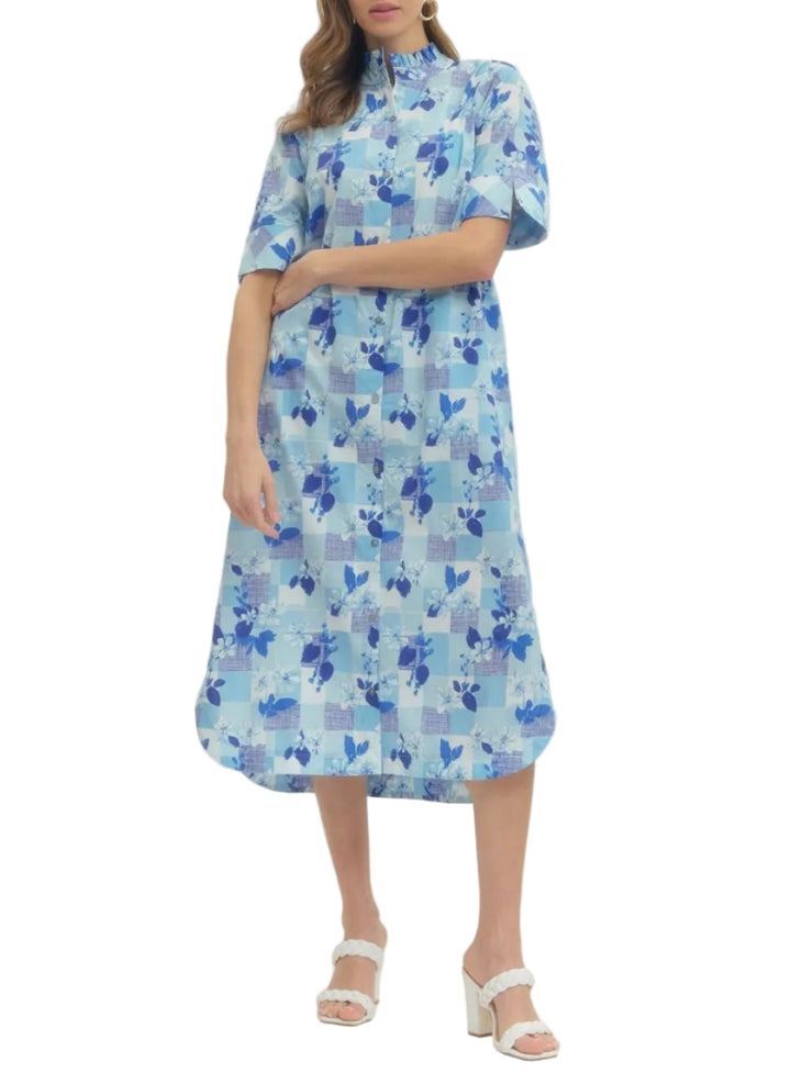Print short sleeve with slit opening midi dress featuring ruffled neck detail and button closure at front. Side pockets. Lined. Woven. Non-sheer. Lightweight.
