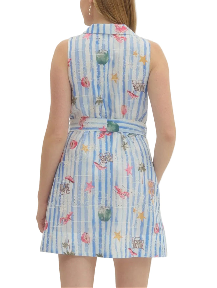 Striped and tropical print sleeveless mini dress featuring collared neckline and self-tie waist belt. Button closure at front. Side pockets. Lined. Woven. Non-sheer. Lightweight.