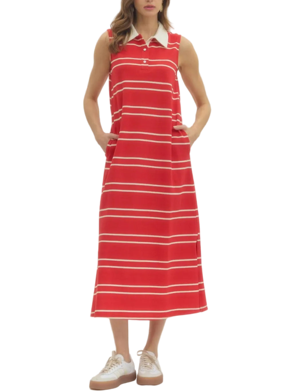 Striped sleeveless midi dress featuring contrast collar and button front closure. Side slit detail. Pocket at sides. Unlined. Knit. Non-sheer. Lightweight.

