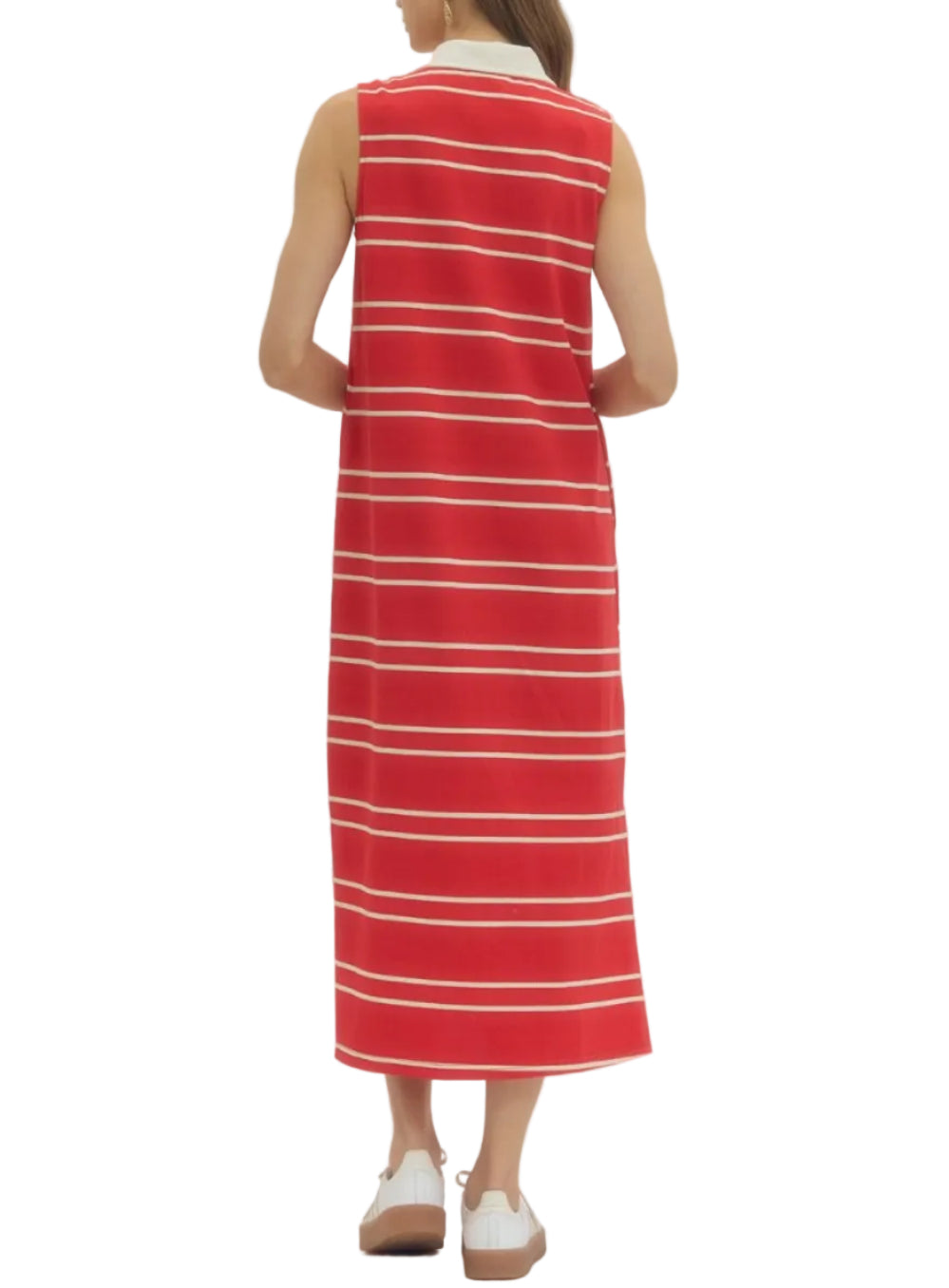 Striped sleeveless midi dress featuring contrast collar and button front closure. Side slit detail. Pocket at sides. Unlined. Knit. Non-sheer. Lightweight.
