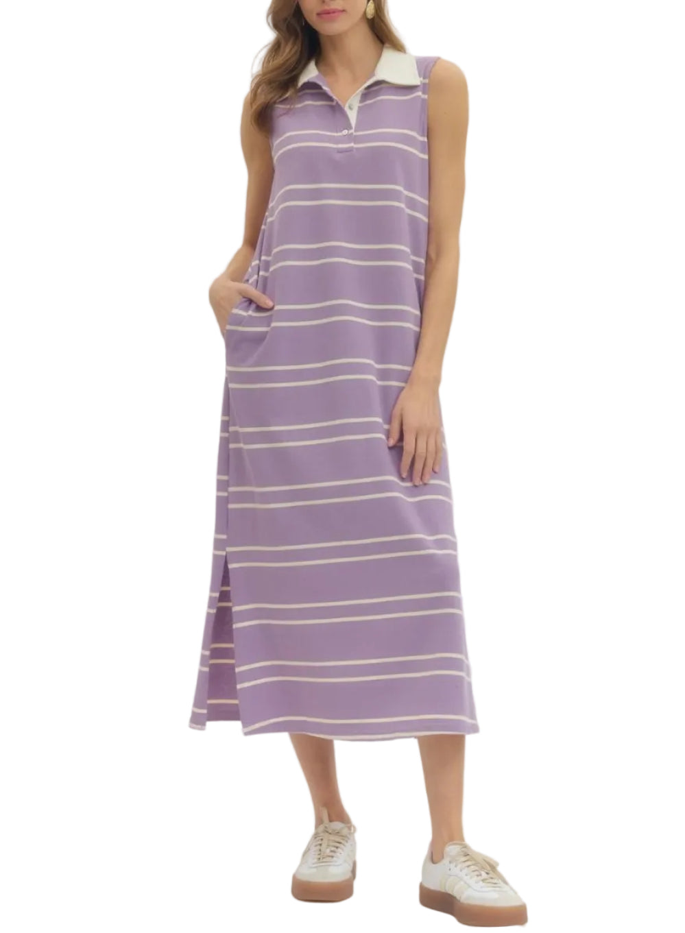 Striped sleeveless midi dress featuring contrast collar and button front closure. Side slit detail. Pocket at sides. Unlined. Knit. Non-sheer. Lightweight.
