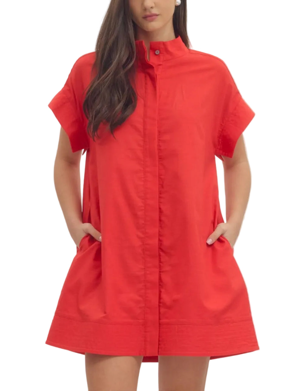 Solid short sleeve mini dress featuring hidden button placket. Side pockets. Lined. Woven. Non-sheer. Lightweight.
