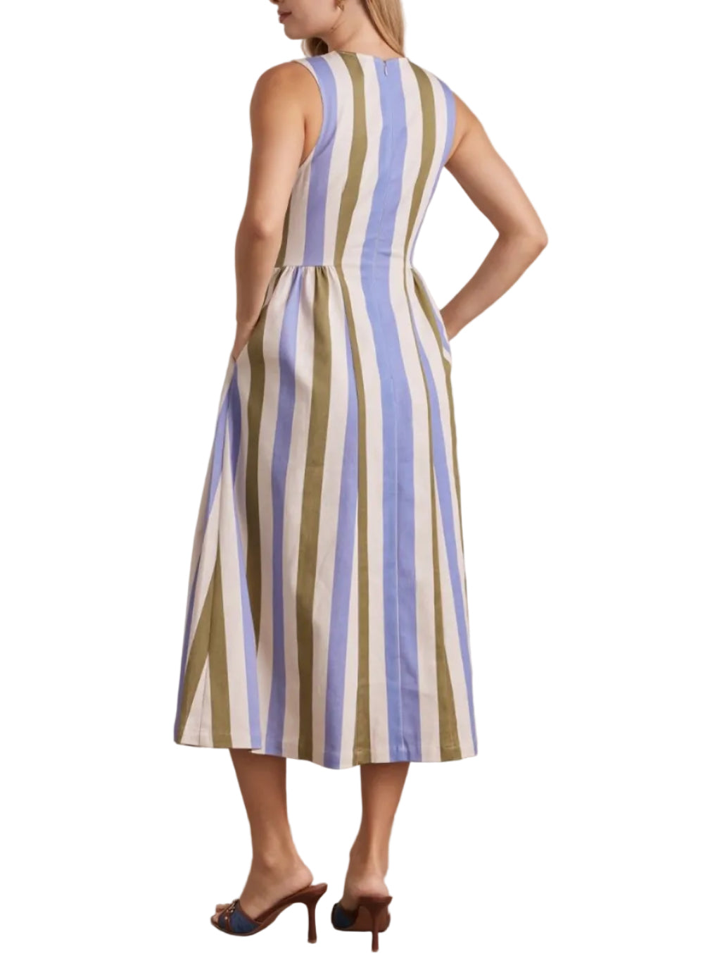 Striped sleeveless midi dress featuring back zipper closure. Side pockets. Unlined. Woven. Non-sheer. Lightweight.
