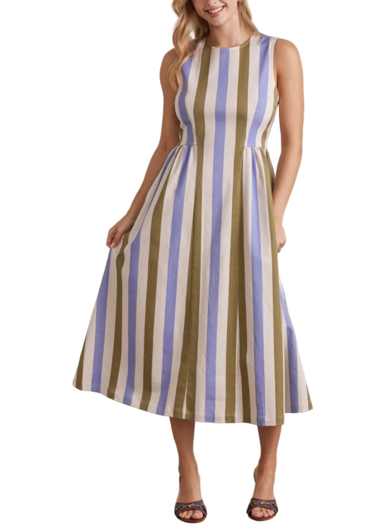 Striped sleeveless midi dress featuring back zipper closure. Side pockets. Unlined. Woven. Non-sheer. Lightweight.
