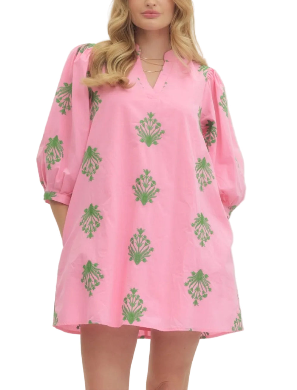 Embroidered 3/4 puff sleeve mini dress featuring V-neck. Pocket at side. Lined. Woven. Non-sheer. Lightweight.
