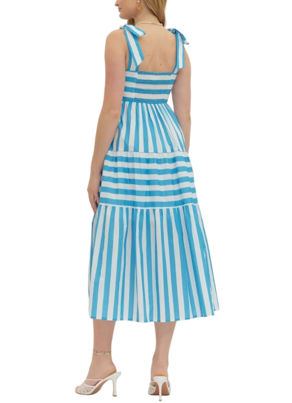 Striped sleeveless midi dress featuring bow shoulder straps. Smocked back bodice. Side pockets. Lined. Woven. Non-sheer. Lightweight.

