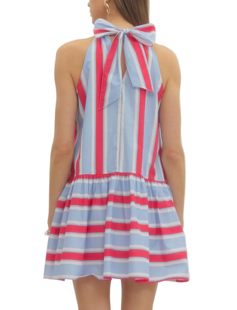 Striped sleeveless mini dress featuring back neck tie. Side pockets. Lined. Woven. Non-sheer. Lightweight.
