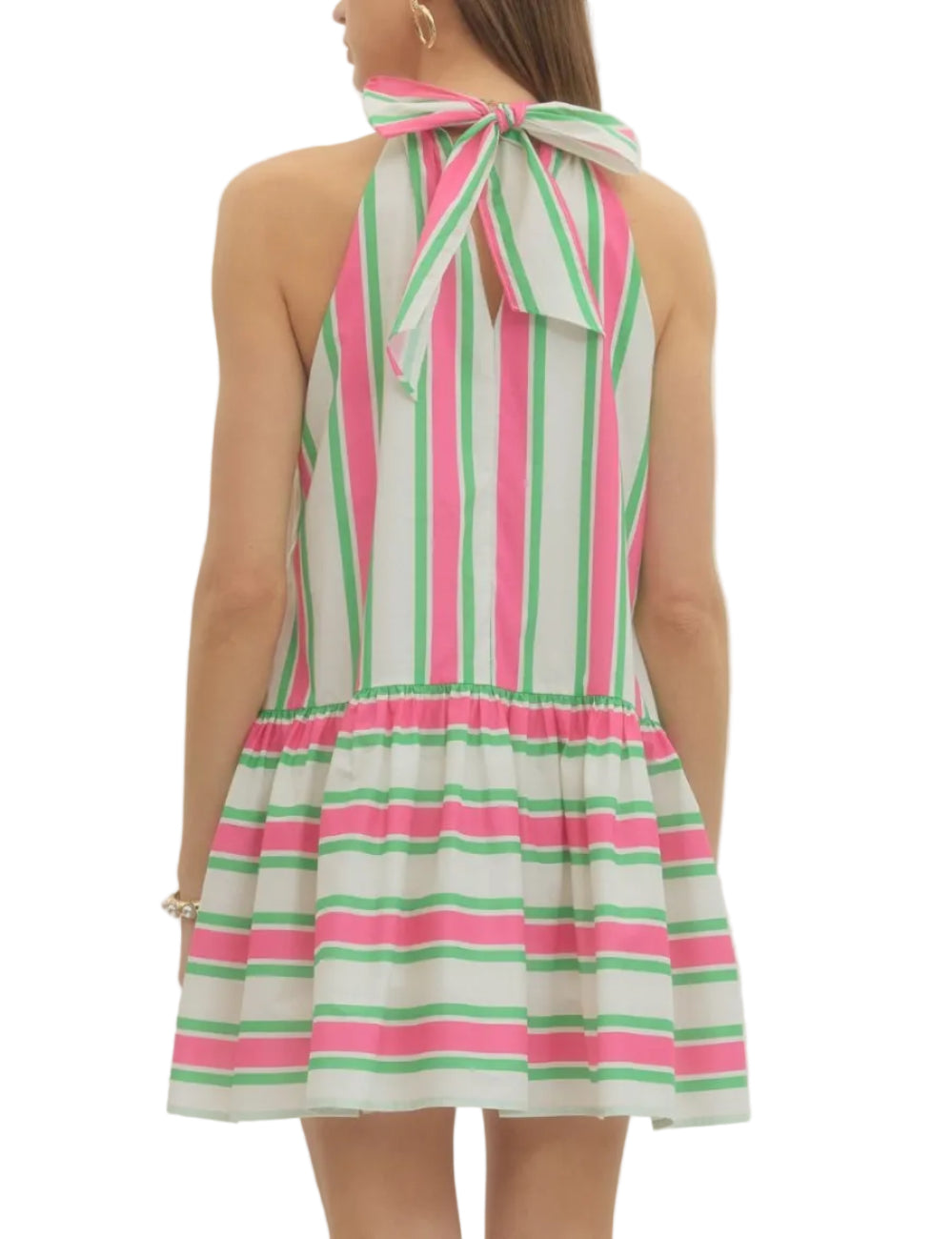 Striped sleeveless mini dress featuring back neck tie. Side pockets. Lined. Woven. Non-sheer. Lightweight.

