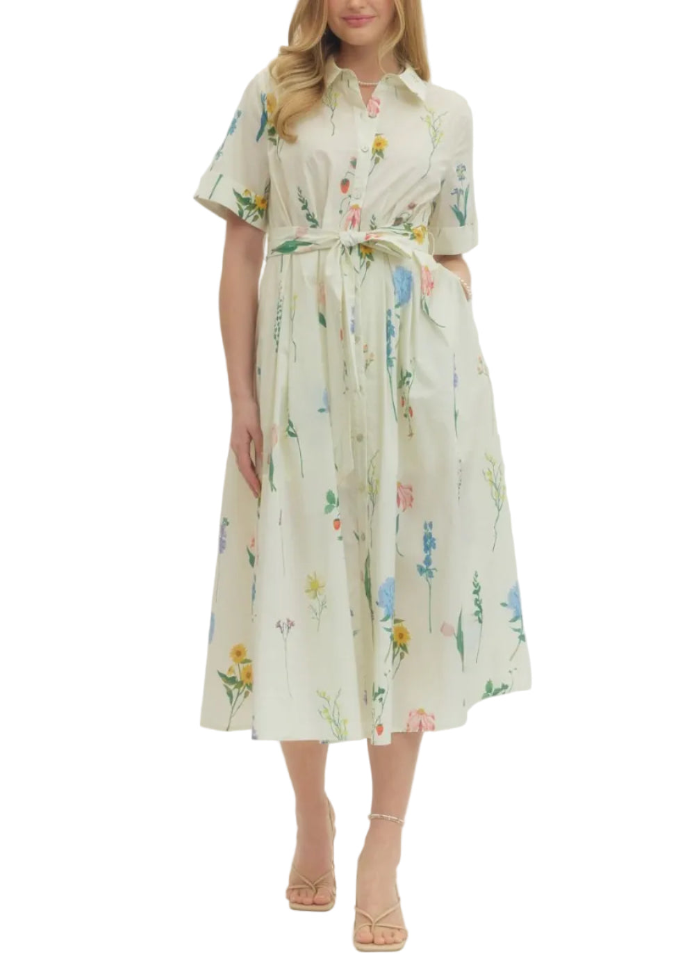 Floral print short sleeve midi dress featuring waist self-tie detail. Button closure at front. Side pockets. Lined. Woven. Non-sheer. Lightweight.
