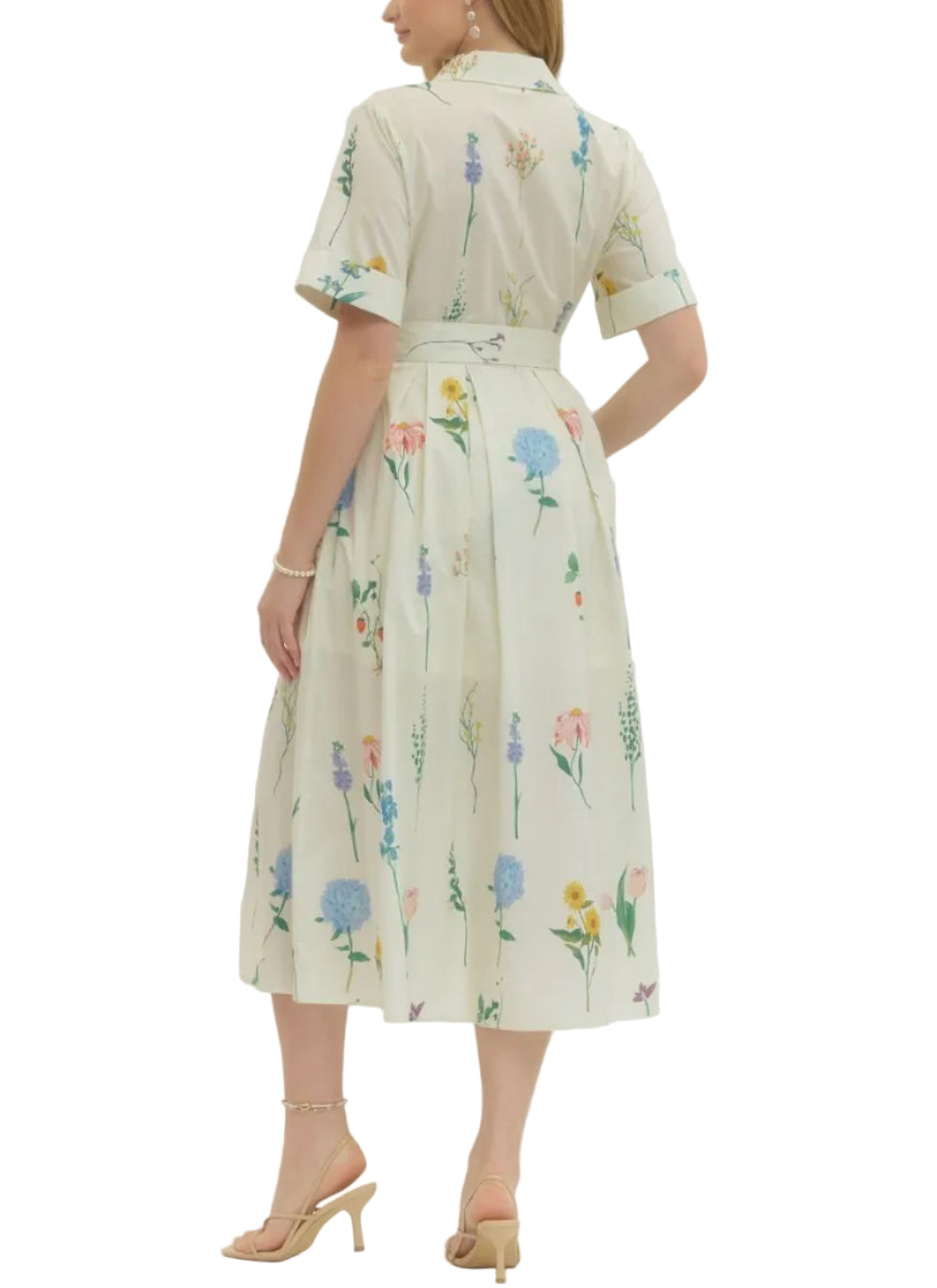 Floral print short sleeve midi dress featuring waist self-tie detail. Button closure at front. Side pockets. Lined. Woven. Non-sheer. Lightweight.
