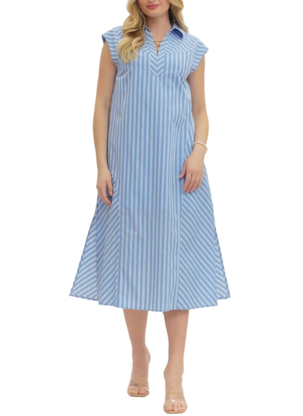 Striped print cap sleeve midi dress featuring mixed stripe panel detail. Side pockets. Lined. Woven. Non-sheer. Lightweight.
