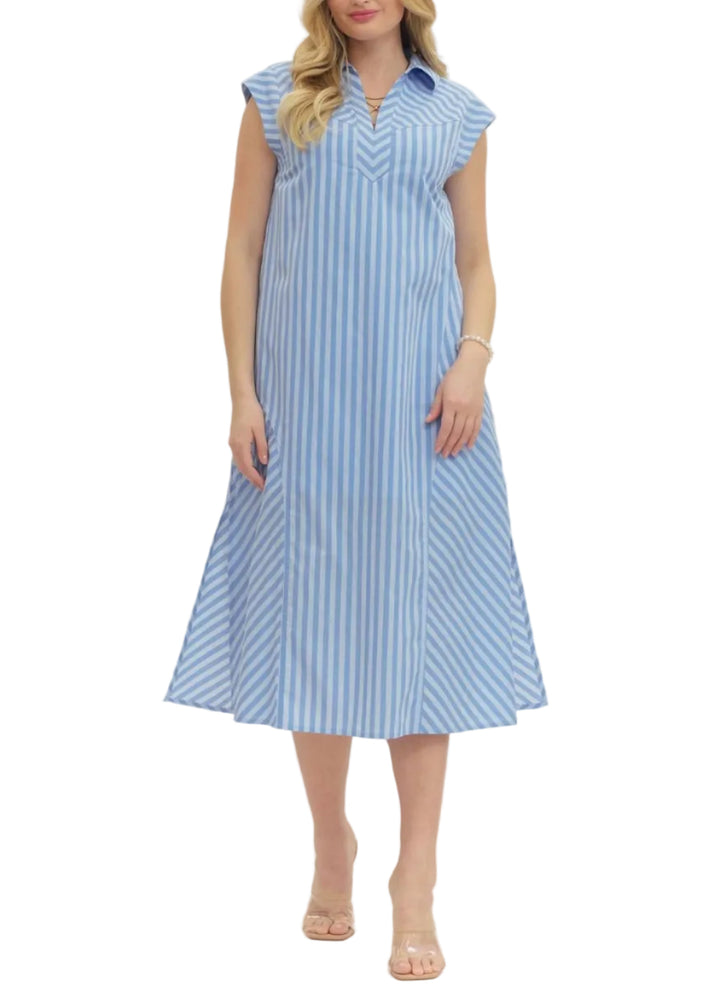 Striped print cap sleeve midi dress featuring mixed stripe panel detail. Side pockets. Lined. Woven. Non-sheer. Lightweight.

