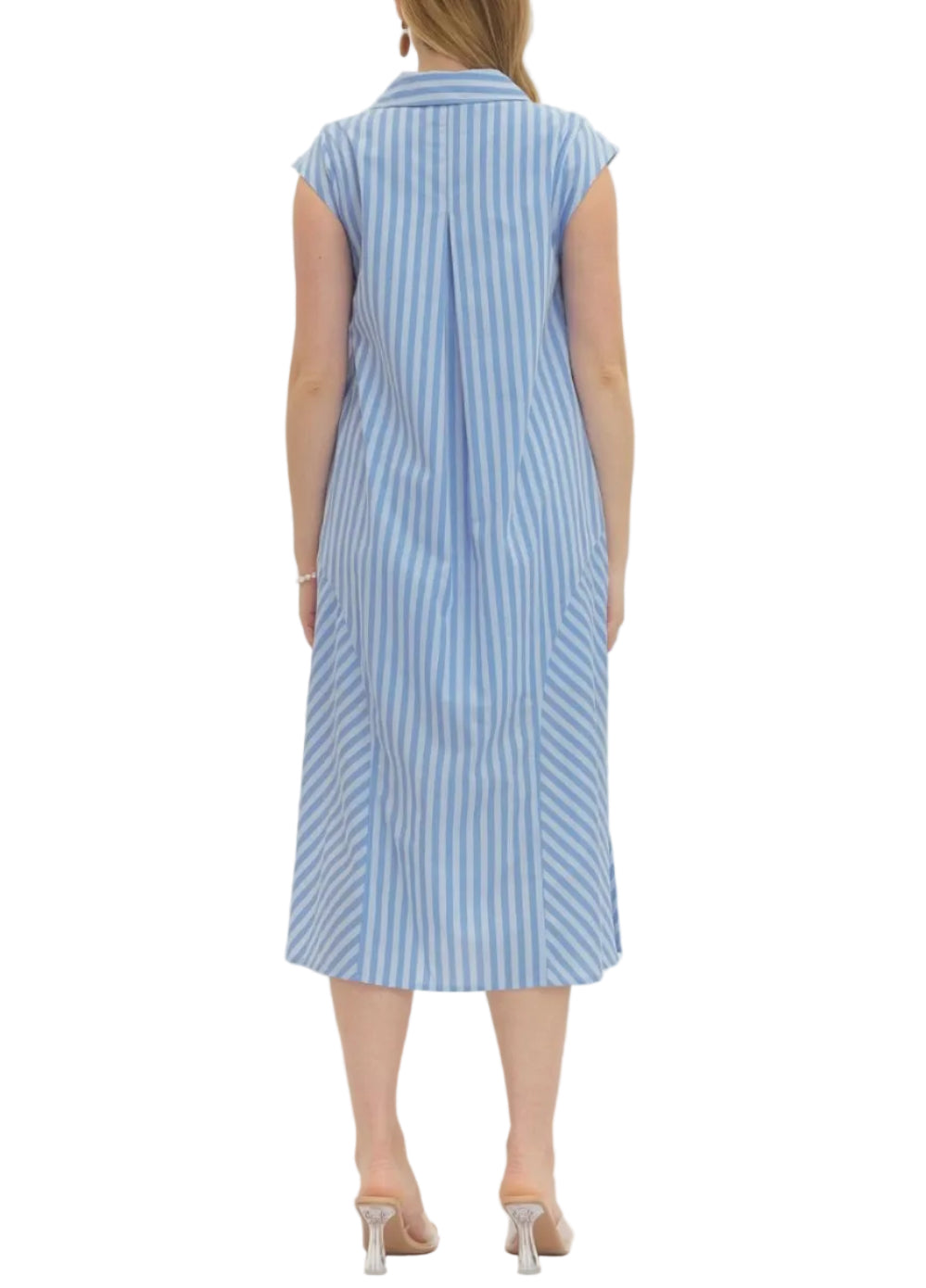 Striped print cap sleeve midi dress featuring mixed stripe panel detail. Side pockets. Lined. Woven. Non-sheer. Lightweight.

