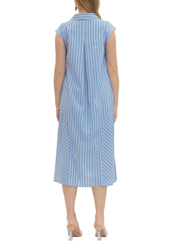 Striped print cap sleeve midi dress featuring mixed stripe panel detail. Side pockets. Lined. Woven. Non-sheer. Lightweight.
