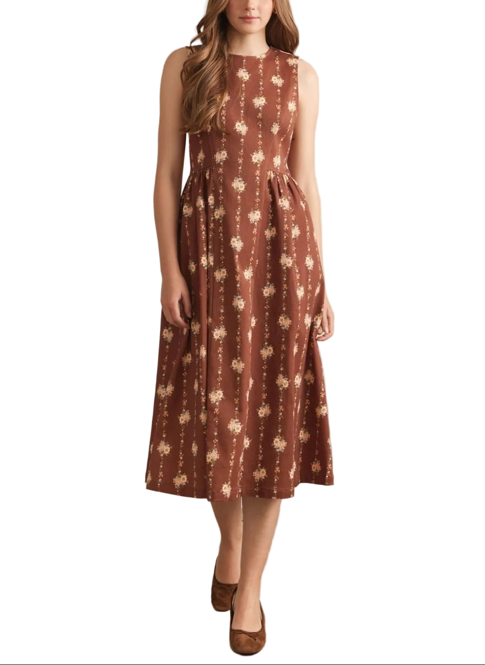 Floral print sleeveless midi dress featuring gathered waist detail. Back zipper closure. Side pockets. Unlined. Woven. Non-sheer. Lightweight.